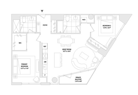 Floor plan for 2 beds, 2 baths, 1130 sqft